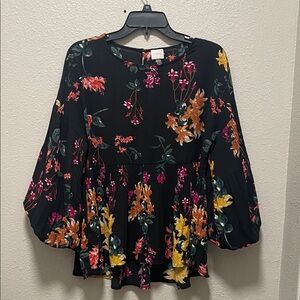 Cupio Black Blouse with Vibrant Floral Print